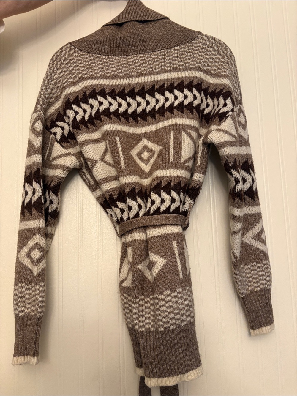 London Kaye Shawl Collar Patterned Cardigan Sweater - Brown/Cream - Picture 4 of 5